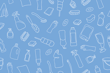 Seamless pattern of cleaning equipment in doodle style. Cleaning line icons. A line of hand-drawn equipment, cleaning products and tools for washing and disinfecting the home, windows, mirrors. Vector - obrazy, fototapety, plakaty
