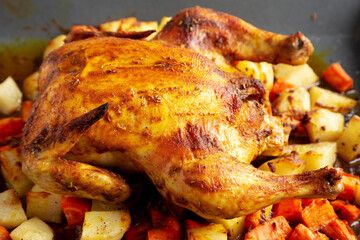 Homemade Hearty Roasted Chicken on a Tray, side view. - 788247233