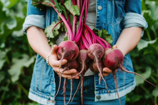 A female farmer holds a bunch of fully ripened beets in her hands with great pride