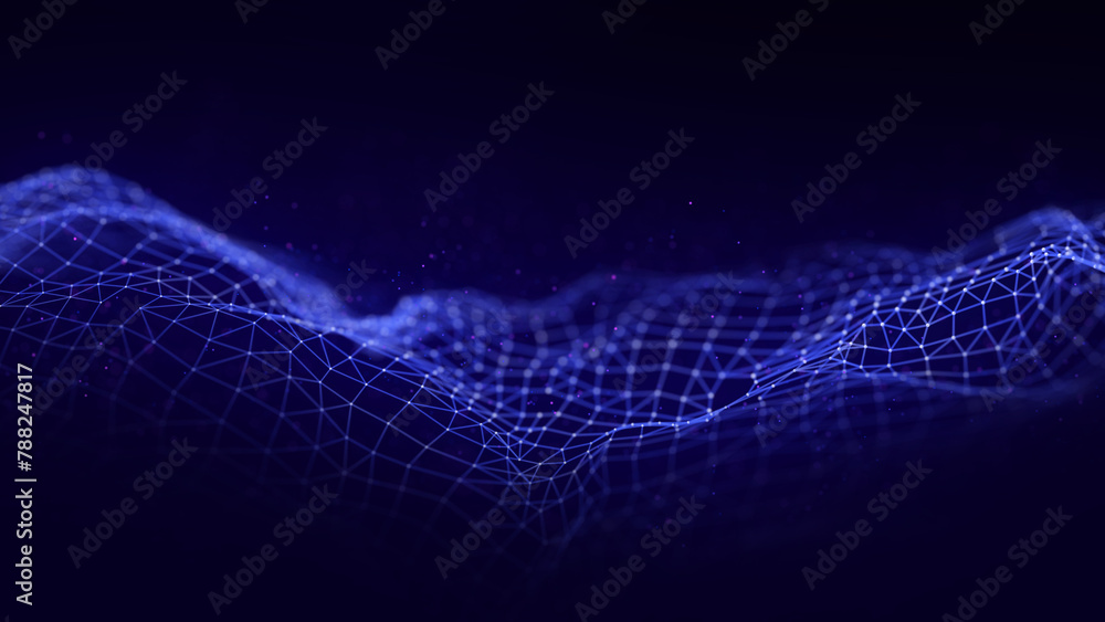 Poster abstract blue technology wave with dots and lines. flow of particles. big data transfer visualizatio