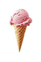 Ice cream cone with a scoop of strawberry red ice cream, on isolated transparent background