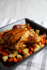 Homemade Hearty Roasted Chicken on Tray, side view. Copy space. - 788248075