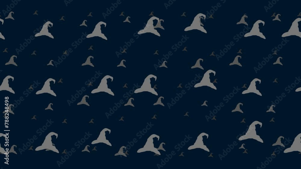 Poster wizard hat symbols float horizontally from left to right. parallax fly effect. floating symbols are 