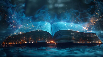 An open magic book on a natural background (water, river, clouds) hints at fantastical knowledge and learning
