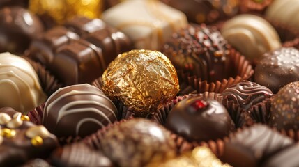Assortment of luxurious chocolate candies with various fillings, sweet food background - 788249273