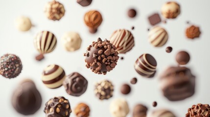 Assortment of chocolate candies and sweets flying in the air on white background. Truffles, creamy milk bonbons, sweet food concept banner