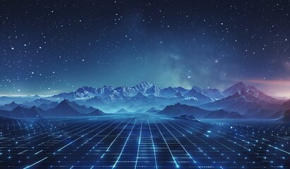Futuristic digital landscape with glowing blue lattice and mountains - abstract cyber technology background - obrazy, fototapety, plakaty