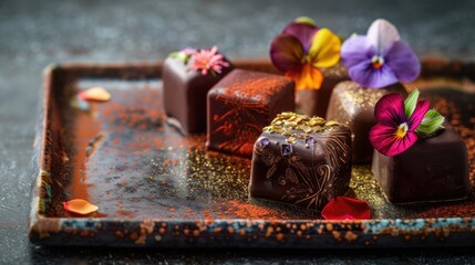 Assortment of luxurious artisanal handmade chocolate candies with various fillings, edible flowers. sweet restaurant dessert food background - 788249413