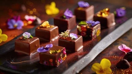 Assortment of luxurious artisanal handmade chocolate candies with various fillings, edible flowers. sweet restaurant dessert food background