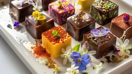 Assortment of luxurious artisanal handmade chocolate candies with various fillings, edible flowers. sweet restaurant dessert food background - 788249427