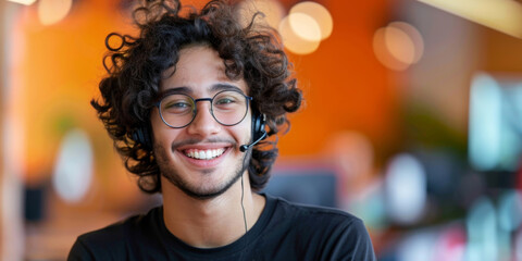 Telemarketing, portrait and man with headset in office for CRM, customer support or consultant. Call center, bokeh and help desk agent with smile for happiness, service or contact us in workplace - obrazy, fototapety, plakaty