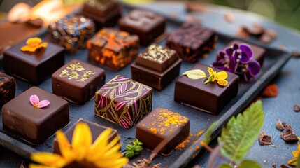 Assortment of luxurious artisanal handmade chocolate candies with various fillings, edible flowers. sweet restaurant dessert food background - 788249451