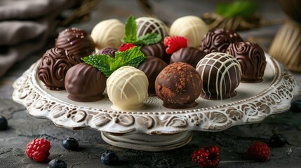 Assortment of luxurious chocolate candies with various fillings, sweet food background