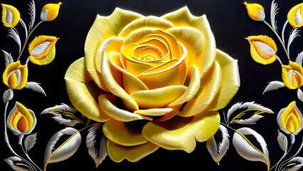 Embroidered Yellow Rose on Black Background, Vibrant Floral Stitching Against Dark Canvas, Yellow Rose Design in Embroidery, Vivid Yellow Floral Embroidery on Ebony Surface(Generative AI)