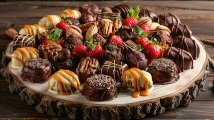 Assortment of luxurious chocolate candies with various fillings, sweet food background - 788249625