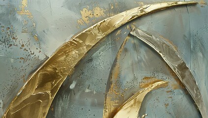 Abstract golden blue textured painting with arch motifs - a modern artistic expression