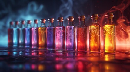 Glowing potion vials vibrant liquids simple shadowy shelf low detail central angle text room