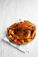 Homemade Hearty Roasted Chicken on a Plate, side view. Copy space.