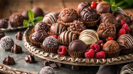 Assortment of luxurious chocolate candies with various fillings, sweet food background - 788249673