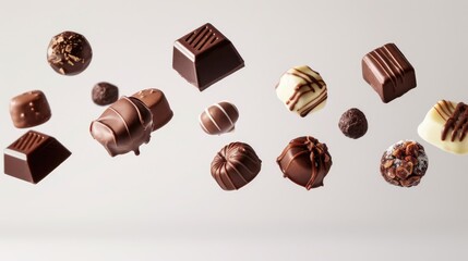 Obraz premium Assortment of chocolate candies and sweets flying in the air on white background. Truffles, creamy milk bonbons, sweet food concept banner