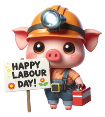 Naklejka premium Pig wearing a safety hat holding a sign labour day