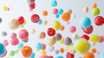 Fototapeta na wymiar Different colorful flying candies, lollipops and drops on white background. Sweet food concept