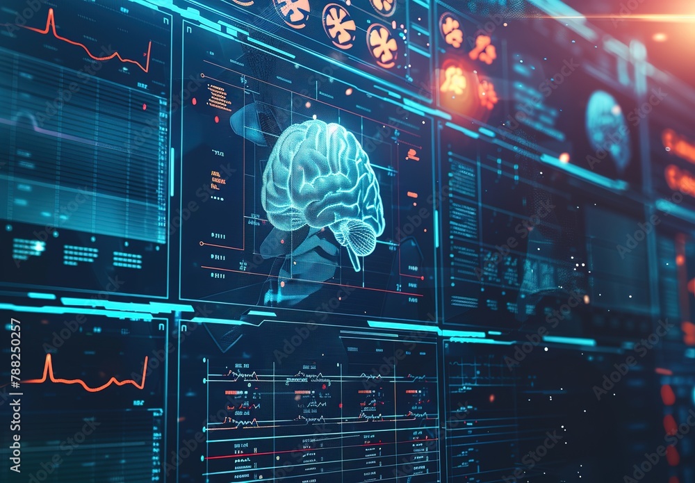 Poster advanced brain scanning technology displayed on a modern computer monitor in a high-tech laboratory