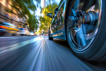 Dynamic Car Wheel Speeding on Urban Street.