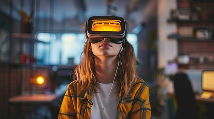 Portrait of Young Adult Female Using Virtual Reality Goggles in Creative Office. Woman Using Futuristic Augmented Reality Software for Managing Business and Marketing Projects. copy space for text.