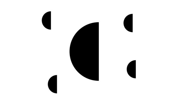 Zoom in and out animation the semicircle symbol. Large black symbol in the center and four small symbols around. Seamless looped 4k animation on white background