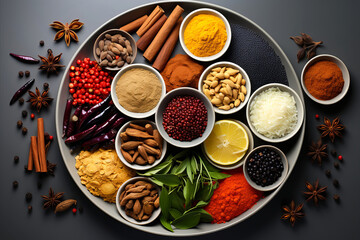 Spices and Flavors of the World: Exotic and aromatic spices and seasonings in small bowls arranged on the tray. Top view, flat lay.