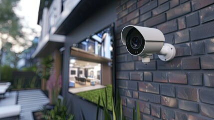 A smart home security camera mounted on the side of an exterior wall, with an LED display and touch screen in front showing, in a house background.