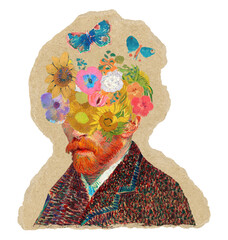 Png Van Gogh self-portrait collage sticker, ripped paper transparent background
