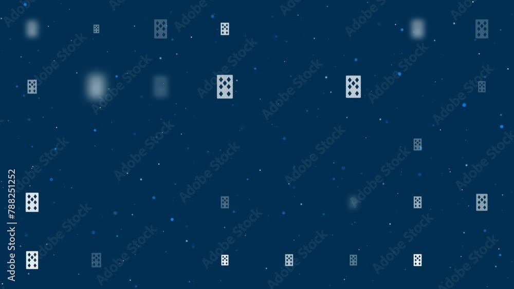 Poster template animation of evenly spaced seven of diamonds playing cards of different sizes and opacity. 