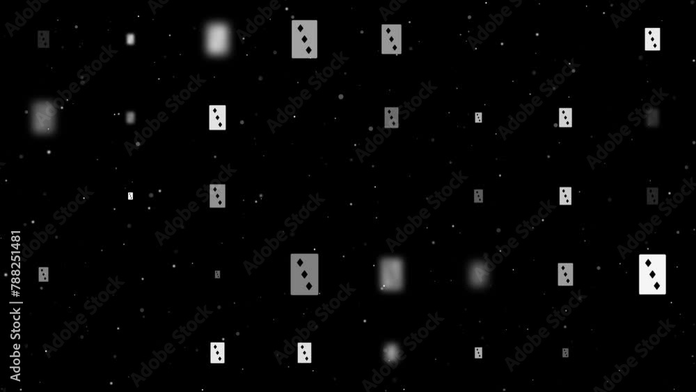 Poster template animation of evenly spaced three of diamonds playing cards of different sizes and opacity. 