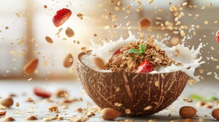 Coconut bowl with granola, splashes of fruit and milk flying around it, almonds falling into the air, sunlight, light background, food advertising.