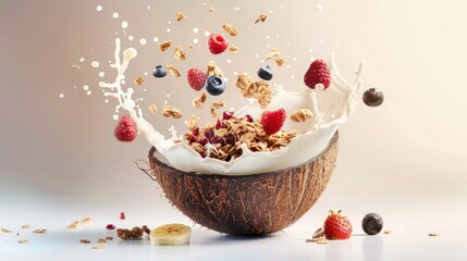 Coconut bowl with granola, splashes of fruit and milk flying around it, almonds falling into the air, sunlight, light background, food advertising.