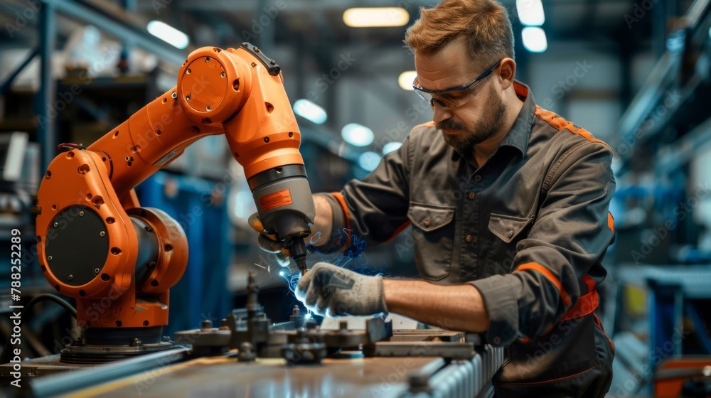 Canvas Prints A man working on a robot in an industrial setting, AI