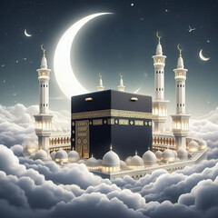 Eid Mubarak design with Kaaba and minarets for hajj with Arabic text means - Islamic background on the sky, clouds, and moon 