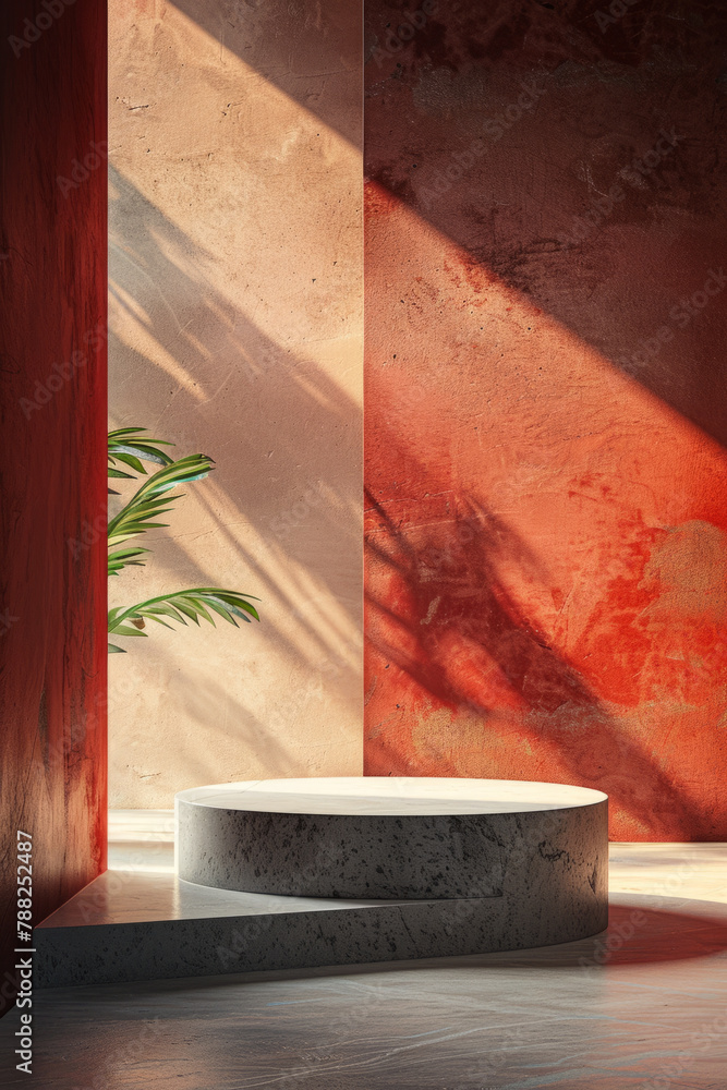 Poster a modern and stylish podium design showcasing products with geometric shapes and subtle shadows for 