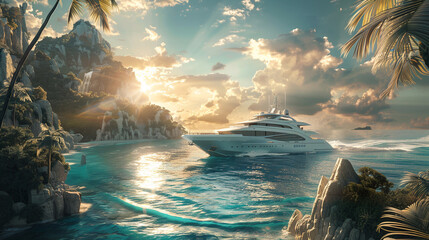 A large beautiful yacht is moored in a beautiful bay with turquoise clear water. AI.