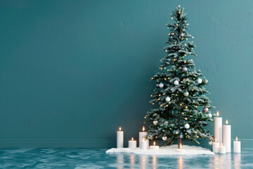 Fototapeta premium Elegant Christmas Tree Adorned With White Ornaments and Surrounded by Lit Candles
