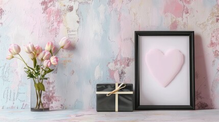 A vertical photo frame sits on an old wooden table with pink flowers hanging from the edge. Beige paper with a heart-shaped gift box lies next to the photo frame.