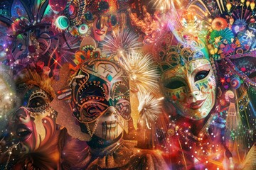 A painting depicting three carnival masks on a vibrant background. This artwork captures the essence of a festive and colorful event, showcasing the artists skill in creating visual arts