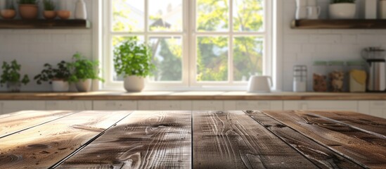 The background shows a blurred image of an empty wooden table and shelves by a kitchen window. - obrazy, fototapety, plakaty