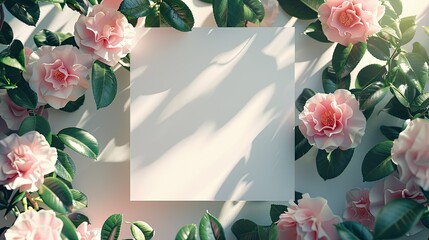 A square blank white card surrounded by pink camellia flowers and green leaves around the edges to form an elegant floral arrangement. The background is pure white with soft shadows.