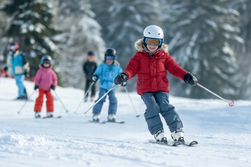 Multi-generation family members of diverse backgrounds enjoy a winter day skiing together in the mountains