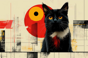 Enigmatic Black Cat with Intense Orange Eyes on Abstract Urban Art Background