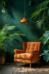 Obraz premium Dark brown armchair in a modern living room against a dark green wall background, rendered in 3D.