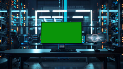 Fototapeta premium Green screen in an AI analysis room on computer screens in a large high-tech data center. The concept of web services, machine learning, cybersecurity 41